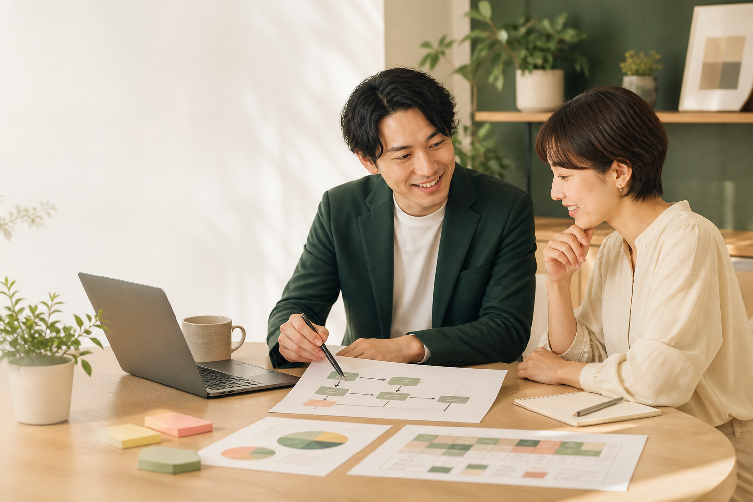 業務改善コンサルタントと業務フローを確認する様子